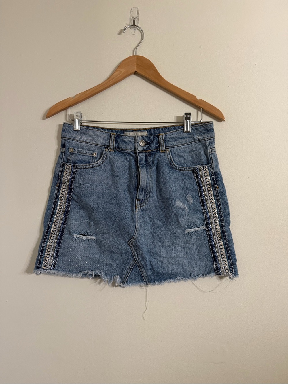 Free People Blue Denim Mini Skirt with Embroidered Side Panels